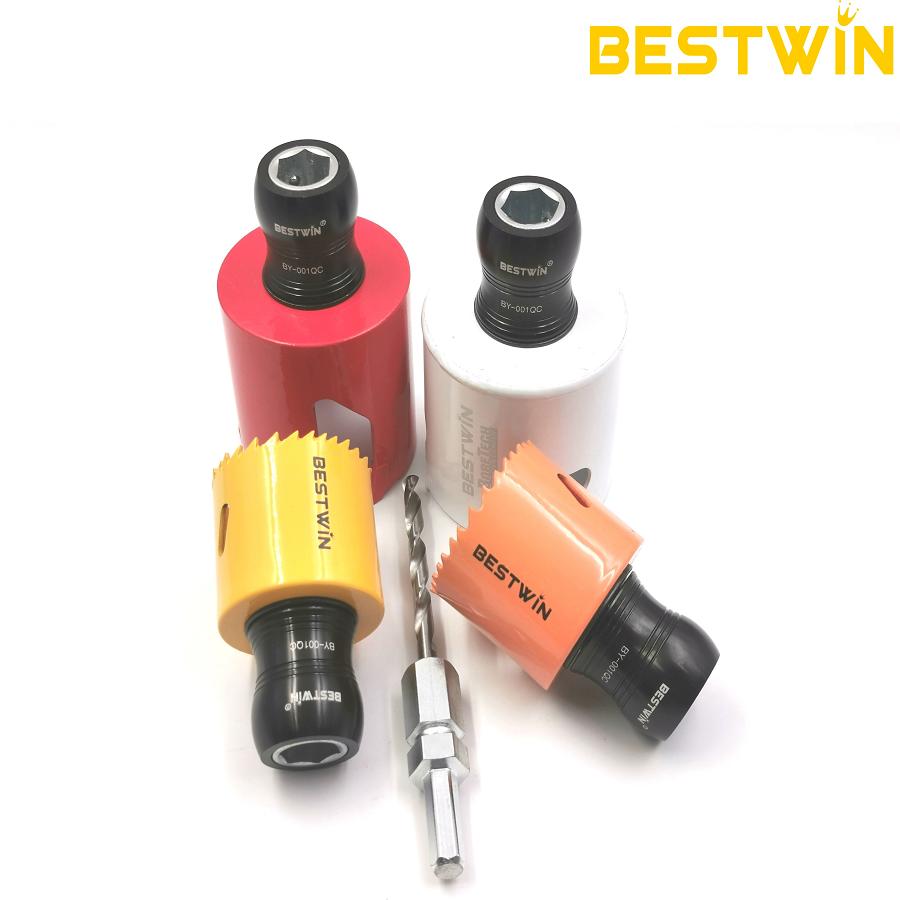Bestwin bi-metal hole saw group with quick-change arbors and pilot drill