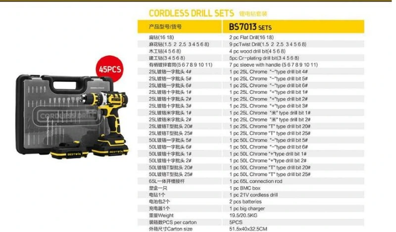 Spécifications pour jeu de perceuse sans fil 45 pièces BS7013