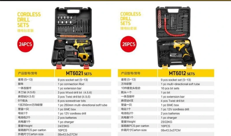 Spezifikationen für 26-teiliges Akku-Bohrschrauber-Set MT6012