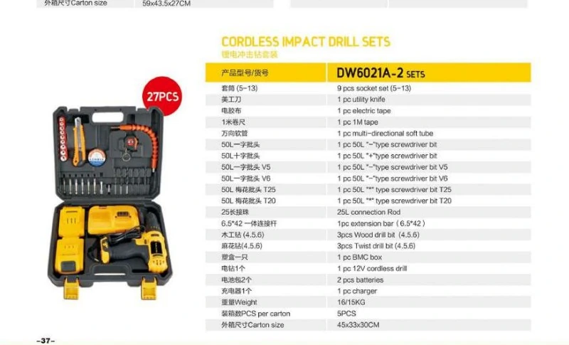 Specifications for 27PCS Cordless Impact Drill Set DW6021A-2