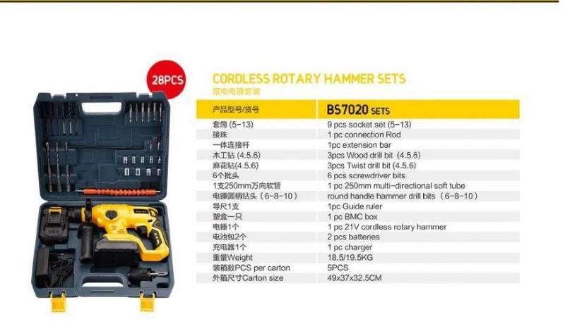 Specifications for 28PCS Cordless Rotary Hammer Set BS7020